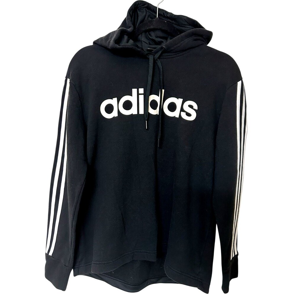 Adidas Womens Size L  Black Cropped Hoodie Sweatshirt Stripe Logo Long Sleeves